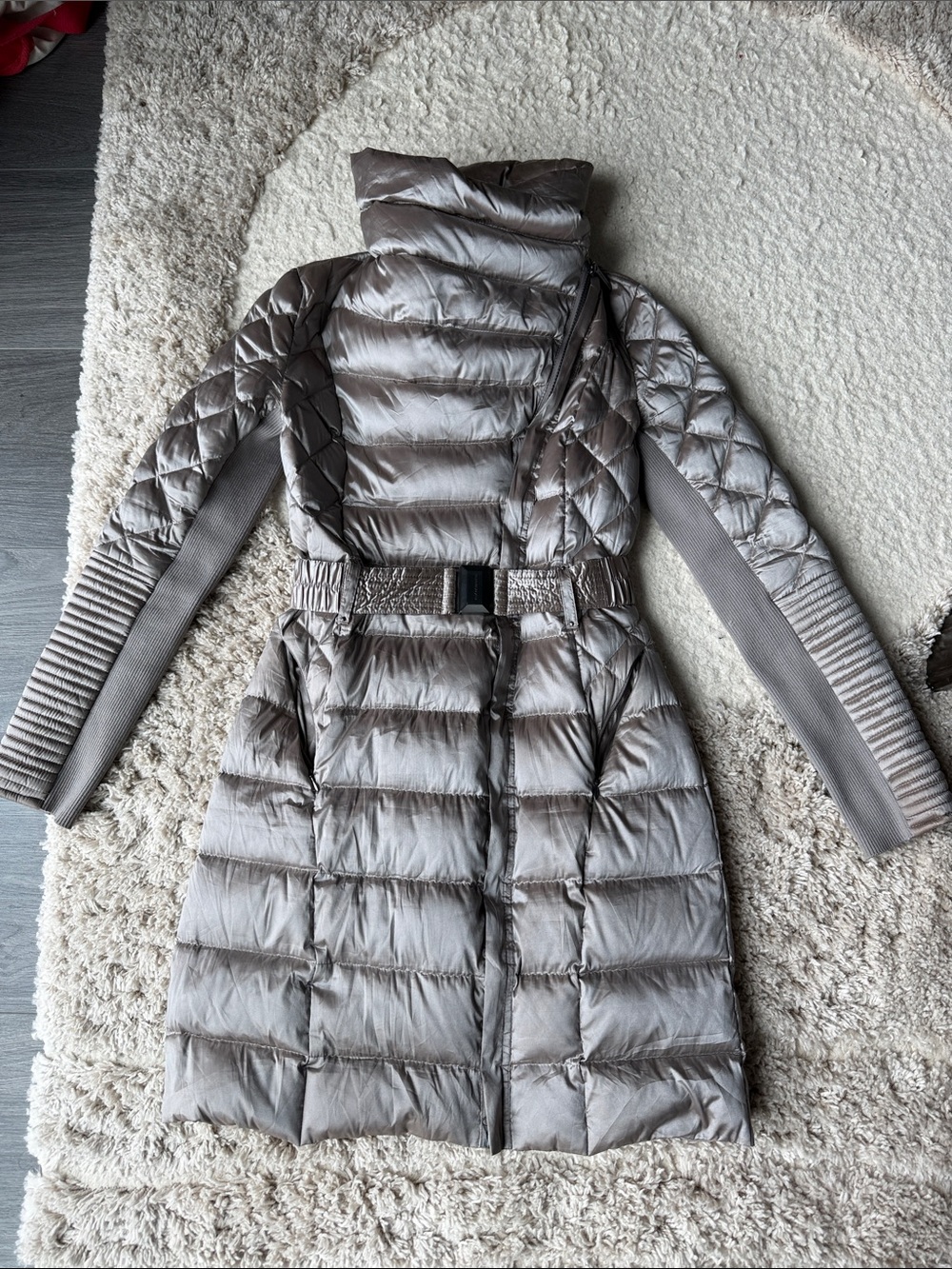 BCBGMaxAzria Shimmery Taupe Quilted Belted Puffer Walking Coat
